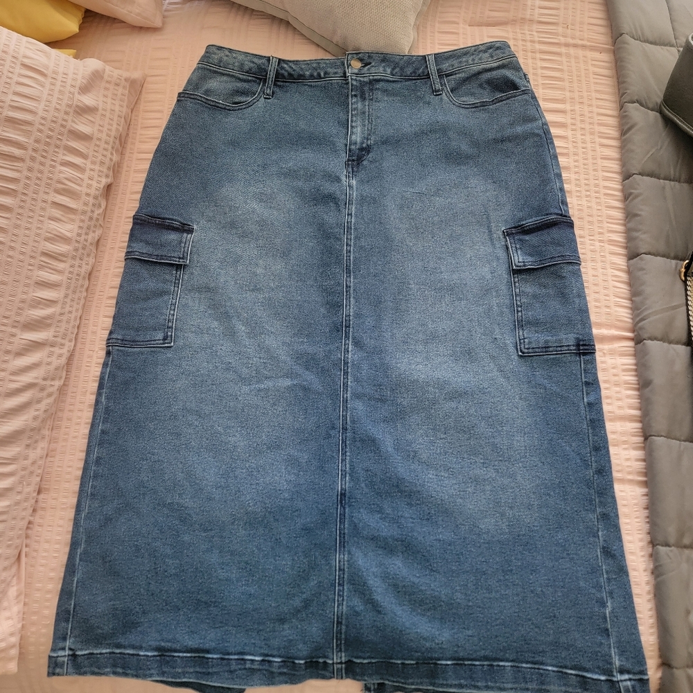 Blue Denim Cargo Skirt With Split